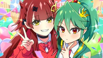 Rule 34 | 2girls, anime coloring, artist request, black bow, black choker, bow, bowtie, brown hair, brown jacket, chifuin gyai, choker, clenched teeth, closed mouth, commentary request, confetti, dragon musume ni naritakunai!, duel masters, green hair, green jacket, hair between eyes, hair bow, hair ornament, high ponytail, highres, hood, hoodie, jacket, long hair, looking at another, maguma mega, multicolored jacket, multiple girls, necktie, official art, ponytail, red bow, red bowtie, red eyes, red hoodie, red necktie, shirt, sparkle, teeth, upper body, white shirt, yellow eyes