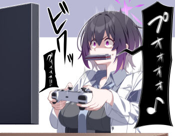 1girl 85neko absurdres blue_archive breasts coat collared_shirt commentary_request controller game_controller grey_necktie halo harmonica highres holding holding_controller holding_game_controller instrument large_breasts long_sleeves looking_at_object monitor motion_lines necktie playing_games purple_eyes purple_hair shirt short_hair solo speech_bubble subaru_(blue_archive) sweatdrop translation_request trembling v-shaped_eyebrows white_coat