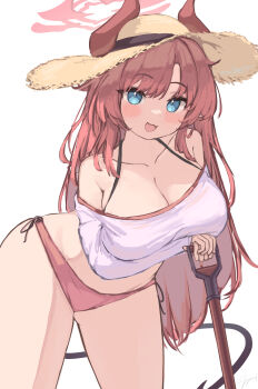 1girl absurdres arms_under_breasts bikini bikini_under_clothes blue_archive blue_eyes blush breasts cleavage fang gluteal_fold halo hat highres holding holding_shovel horns large_breasts leaning_forward leaning_on_object long_hair megu_(blue_archive) megu_(swimsuit)_(blue_archive) off-shoulder_shirt off_shoulder open_mouth red_bikini red_hair shirt shovel side-tie_bikini_bottom skin_fang smile solo standing straw_hat sun_hat swimsuit tail teruriu thick_thighs thighs white_background white_shirt