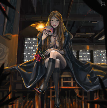 1girl artist_name blue_eyes breasts brown_hair ceiling_light coat commentary commission crossed_legs english_commentary flower high_heels highres holding holding_flower indoors long_hair looking_at_viewer mask masquerade_mask nail_polish necktie open_clothes open_coat original paid_reward_available red_nails sitting tatti_art unworn_mask window