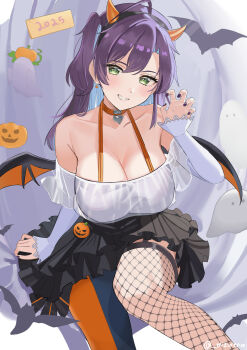 1girl 2025 absurdres ahoge arm_at_side arm_support artist_name asymmetrical_legwear black_hairband black_nails black_skirt breasts choker claw_pose cleavage collarbone commentary earrings english_commentary fake_horns feet_out_of_frame fingernails fishnet_thighhighs fishnets green_eyes grin hairband halloween hand_up heart_pendant highres horn_hairband horns jack-o&#039;-lantern jewelry large_breasts layered_skirt long_hair long_sleeves looking_at_viewer miniskirt mizurena nail_polish off-shoulder_shirt off_shoulder orange_choker original pink_hair shirt sitting skirt sleeves_past_wrists smile solo thighhighs two-tone_thighhighs white_shirt wings