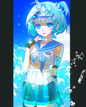 1girl :d bamcream bike_shorts black_gloves blue_eyes blue_hair blue_neckerchief blue_sailor_collar choker cloud commentary cowboy_shot crop_top cropped_shirt day english_commentary fingerless_gloves gloves hand_up looking_at_viewer navel neckerchief one_side_up open_mouth original outdoors sailor_collar see-through_clothes see-through_skirt shirt short_hair skirt sleeveless sleeveless_shirt smile solo visor_cap water white_choker white_shirt