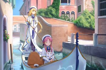 2girls absurdres alicia_florence aria_(manga) aria_company_uniform aria_pokoteng beret black_pantyhose blonde_hair blue_bow blue_bowtie bow bowtie braid braided_ponytail capelet closed_eyes closed_mouth commentary_request dress floating_hair hair_tubes hat highres holding kurageso long_dress long_hair mizunashi_akari multiple_girls pantyhose pink_hair ponytail smile standing twintails very_long_hair white_capelet white_dress white_hat