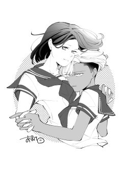 2girls bright_pupils closed_mouth collared_shirt commentary_request cropped_torso eyelashes fingernails greyscale highres holding_hands ikemen_kasshoku_joshi_ga_chou_choroi_yuri kaho_(ikemen_kasshoku_joshi_ga_chou_choroi_yuri) medium_hair monochrome multiple_girls nagisa_(ikemen_kasshoku_joshi_ga_chou_choroi_yuri) nakaba_hiroshi neckerchief original sailor_collar shirt short_hair short_sleeves signature simple_background undercut very_short_hair white_background yuri