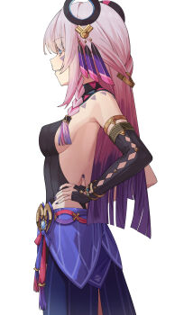 Rule 34 | 1girl, absurdres, armlet, backless outfit, bare shoulders, black nails, black sleeves, blue eyes, blunt ends, braid, braided sidelocks, breasts, citlali (genshin impact), clothing cutout, commentary request, cowboy shot, detached sleeves, diamond cutout, from side, genshin impact, gradient hair, grin, gukr4322, hair ornament, hands on own hips, highres, jewelry, long hair, medium breasts, multicolored hair, partial commentary, pink hair, purple hair, purple skirt, sideboob, simple background, skirt, smile, solo, standing, white background