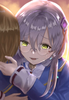2girls blonde_hair blue_jacket brown_hair comforting crying crying_with_eyes_open glasses green_eyes grey_hair hair_between_eyes hair_ornament happy_tears heaven_burns_red highres hug izumi_yuki_(heaven_burns_red) jacket kayamori_ruka long_hair long_sleeves multiple_girls open_mouth round_eyewear school_uniform shirt short_hair smile tears upper_body yellow_eyes yu422yu
