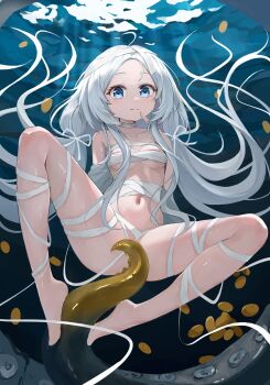 Rule 34 | ahoge, azur lane, bandaged arm, bandaged chest, bandaged leg, bandaged neck, bandages, breasts, coin, convenient censoring, dolphin (azur lane), dolphin (incantation of revival) (azur lane), forehead, gold coin, halloween costume, highres, index finger raised, long hair, looking at viewer, mummy costume, naked bandage, navel, official alternate costume, pear-shaped figure, small breasts, smile, solo, tentacles, twintails, underboob, underwater, very long hair, white hair, xiao feifei