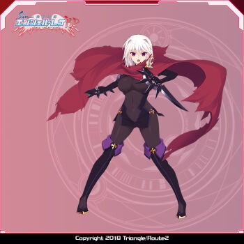 1girl arisia_hellioxenes bodysuit boots braid breasts cape copyright_name covered_navel dagger full_body hair_ornament holding holding_knife knife kourin_tenshi_en_ciel_rena large_breasts logo looking_at_viewer magic_circle ninja official_art open_mouth red_eyes saitou_natsuki scarf short_hair skin_tight solo standing suhamaya thigh_boots thighhighs weapon white_hair