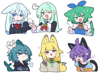 1girl 5boys :3 :d ahoge androgynous animal animal_ear_fluff animal_ears animal_hair_ornament animal_on_head bandaid bandaid_on_cheek bandaid_on_face bandaid_on_neck bare_shoulders bell black_choker black_hoodie black_shirt black_sleeves blonde_hair blue_bow blue_eyes blue_hair blue_jacket blue_leotard blunt_bangs blush bow bowtie braid breasts bright_pupils brown_shirt buttons cat cat_boy cat_ears cat_tail character_request choker clenched_hands collarbone commentary detached_sleeves double-breasted double-parted_bangs drawstring expressionless fang fins fish_boy fish_skeleton fish_skeleton_print fish_tail flying_sweatdrops fox_boy fox_ears fox_tail frown green_eyes green_hair green_tail grey_eyes grey_tail hair_between_eyes hair_bow hair_flaps hair_intakes hair_ornament hand_up hands_up head_fins heart highres hood hoodie jacket jitome leaning_forward leotard light_blush long_hair long_sleeves looking_at_viewer medium_breasts medium_hair multicolored_jacket multiple_boys musical_note neck_bell no_nose on_head one_eye_closed op_na_yarou open_mouth orange_jacket original parted_bangs print_hoodie print_shirt puff_of_air purple_hair raised_eyebrows red_bow red_bowtie sailor_collar shirt short_hair sidelocks simple_background sleeves_past_fingers sleeves_past_wrists smile sweat tail tongue tongue_out turtleneck twin_braids upper_body v v-shaped_eyebrows white_background white_hair white_sailor_collar white_shirt white_sleeves yellow_tail