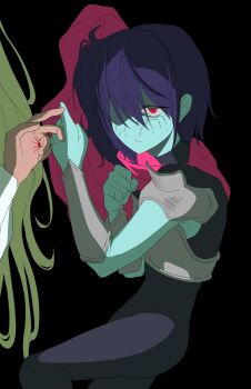 Rule 34 | 1girl, 1other, absurdres, armor, black background, black bodysuit, blonde hair, blue hair, blue skin, bodysuit, breastplate, cape, colored skin, commentary request, deltarune, highres, jewelry, korean commentary, kris (dark world) (deltarune), kris (deltarune), noelle holiday, noelle holiday (dark world), other focus, pink cape, red eyes, ring, short hair, side cape, sleeveless, sleeveless bodysuit, solo focus, sukhee pk, thorn ring (deltarune), utdr (toby fox), weird route (deltarune)