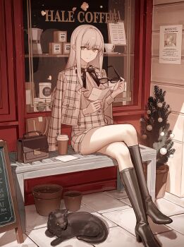 Rule 34 | 1girl, absurdres, bag, bench, black boots, black cat, boots, cat, christmas tree, cup, disposable coffee cup, disposable cup, flower pot, full body, glasses, highres, holding, holding removed eyewear, jacket, knee boots, long hair, looking at viewer, miniskirt, original, outdoors, pine tree, plaid clothes, plaid jacket, plaid skirt, poster (object), sitting, skirt, solo, tamitami, tile floor, tiles, tree, unworn eyewear, white hair, window