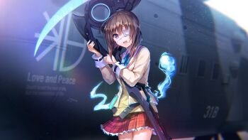 Rule 34 | 1girl, blue ribbon, blunt bangs, blurry, blurry background, bob cut, brown hair, collared shirt, cowboy shot, eyepatch, frilled skirt, frills, hands up, heaven burns red, highres, hiiragi kozue, hitodama, holding, holding scythe, holding weapon, jacket, long sleeves, looking at viewer, medical eyepatch, medium hair, miniskirt, neck ribbon, official art, one eye covered, open clothes, open jacket, open mouth, plaid clothes, plaid skirt, purple eyes, ribbon, scythe, shirt, skirt, solo, sweatdrop, sweater vest, third-party source, weapon, white shirt, yellow jacket, yellow sweater vest