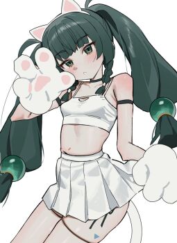 1girl alternate_costume android animal_hands black_choker blush braid braided_sidelocks breasts cat_paws choker clothes_lift crop_top gloves green_eyes green_hair hair_ornament highres long_hair looking_at_viewer navel paw_gloves qingyi_(zenless_zone_zero) shirt sidelocks simple_background skirt skirt_lift solo sphere_hair_ornament syhan twintails upper_body white_background white_shirt white_skirt zenless_zone_zero