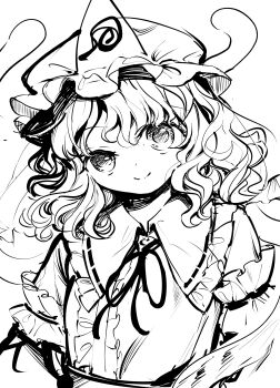 1girl closed_mouth greyscale hat highres japanese_clothes kimono monochrome neck_ribbon ribbon saigyouji_yuyuko short_hair smile solo suna_(s73d) touhou