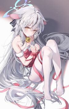 absurdres animal_ear_fluff animal_ears blue_archive breasts brown_eyes commentary_request dress gift_wrapping grey_hair halo highres kokona_(blue_archive) long_hair looking_at_viewer mojo_(mojoawa) pantyhose santa_costume santa_dress sitting small_breasts solo very_long_hair white_pantyhose