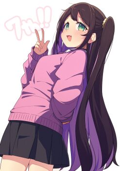 1girl :d absurdres arm_up black_skirt blush_stickers breasts brown_hair commentary_request fang from_side green_eyes highres kaga_nazuna long_hair long_sleeves multicolored_hair okota_mikan one_side_up open_mouth pink_sweater pleated_skirt puffy_long_sleeves puffy_sleeves purple_hair school_uniform shirt simple_background skirt sleeves_past_wrists small_breasts smile solo sweater two-tone_hair very_long_hair virtual_youtuber vspo! white_background white_shirt