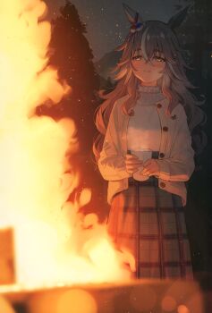 1girl absurdres animal_ears blurry brown_cardigan buttons cardigan closed_mouth crossed_bangs cup ear_covers embers fire green_eyes green_skirt grey_hair hair_between_eyes highres holding holding_cup horse_ears horse_girl long_hair long_sleeves multicolored_hair night nyum outdoors plaid_clothes plaid_skirt shirt single_ear_cover skirt smile solo steam streaked_hair third-party_source tree two-tone_hair umamusume white_hair white_shirt wonder_acute_(casual)_(umamusume) wonder_acute_(umamusume)