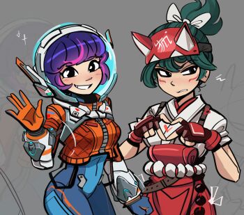 2girls absurdres black_eyes blue_bodice breasts cropped_jacket fingerless_gloves four-finger_heart_hands frown gloves green_eyes grey_background heart heart_hands helmet high_ponytail highres jacket juno_(overwatch) kiriko_(overwatch) long_hair long_sleeves looking_at_viewer looking_to_the_side medium_breasts medium_hair multiple_girls orange_jacket overwatch peargor ponytail purple_hair red_gloves sash shirt short_sleeves simple_background smile space_helmet waving white_shirt