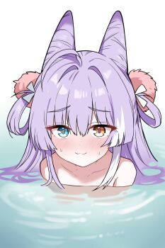 1girl :3 absurdres ahoge blue_eyes blush closed_mouth collarbone commentary_request cone_hair_bun dot_nose double_bun hair_between_eyes hair_bun hair_intakes hair_ornament hair_rings heterochromia highres implied_nudity korean_commentary long_bangs long_hair looking_at_viewer multicolored_hair orange_eyes partially_submerged pom_pom_(clothes) pom_pom_hair_ornament purple_hair raised_inner_eyebrows saho_4545 smile solo stellive straight-on streaked_hair sweat tenko_shibuki upper_body virtual_youtuber water