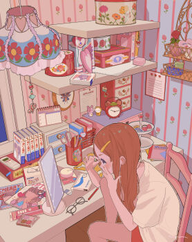 1girl absurdres alarm_clock analogous_colors black_eyes book bow brown_hair brown_nails calendar_(object) chair clock commentary_request contact_lens controller darico desk drawer floral_print flower hair_bow hair_ornament hairclip heart highres indoors lamp lampshade long_hair looking_at_mirror magazine_(object) makeup mirror original pastel_colors plant potted_plant putting_in_contact_lens red_flower red_shorts remote_control scissors shelf shirt shorts sitting slice_of_life solo table tissue_box unworn_bow unworn_eyewear unworn_bow unworn_hair_ornament unworn_hairclip wallpaper_(object) warm_colored white_shirt wooden_floor