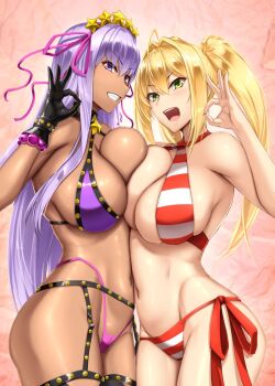 2girls akitsuki_karasu asymmetrical_docking bb_(fate) bb_(swimsuit_mooncancer)_(second_ascension)_(fate) bikini black_gloves blonde_hair blush breast_press breasts commentary_request dark-skinned_female dark_skin docking fate/grand_order fate_(series) fellatio_gesture gloves green_eyes grin hair_ornament large_breasts long_hair looking_at_viewer multiple_girls navel nero_claudius_(fate) nero_claudius_(swimsuit_caster)_(fate) open_mouth parted_lips purple_bikini purple_eyes purple_hair shiny_skin side-tie_bikini_bottom sideboob smile striped_bikini striped_clothes swimsuit symmetrical_docking teeth twintails