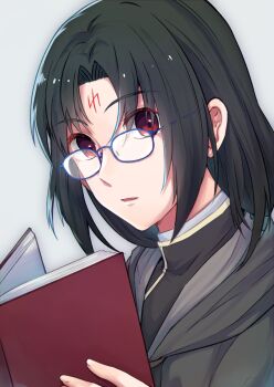 1boy black_hair book commentary_request facial_mark fire_emblem fire_emblem:_path_of_radiance forehead_mark glasses highres holding holding_book long_hair looking_at_viewer male_focus mochi88543 nintendo parted_lips red_eyes solo soren_(fire_emblem)
