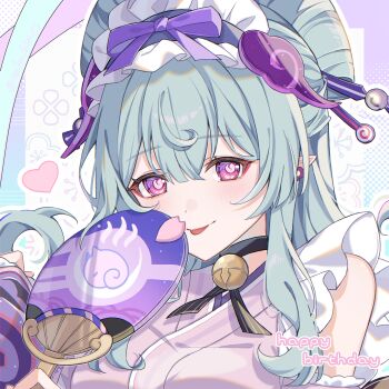Rule 34 | 1girl, :p, bell, black choker, blue hair, blush, choker, closed mouth, commentary request, earrings, frilled hairband, frills, genshin impact, hair between eyes, hairband, hand fan, happy birthday, highres, holding, holding fan, japanese clothes, jewelry, kimono, long hair, looking at viewer, neck bell, nihongami, nya inuha, pink kimono, pointy ears, purple eyes, smile, solo, tongue, tongue out, yumemizuki mizuki