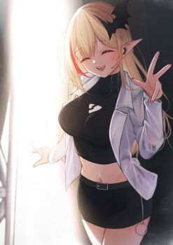 1girl absurdres bat_hair_ornament belt black_belt black_shirt black_skirt blonde_hair breasts closed_eyes collared_shirt cropped_shirt hair_ornament highres kou_mariya long_hair long_sleeves midriff open_clothes open_mouth open_shirt parkiranhonda pencil_skirt pointy_ears red_hair shirt skirt smile solo v4mirai virtual_youtuber white_shirt