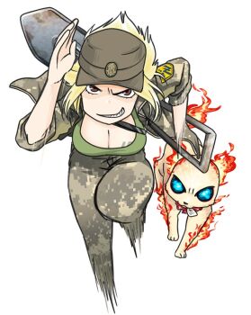 Rule 34 | 1girl, azov battalion, blonde hair, breasts, camouflage, camouflage jacket, camouflage pants, character request, cleavage, digital camouflage, green tank top, grin, hat, jacket, japanon, looking at viewer, marichka, medium breasts, motion blur, nazi, non-web source, open clothes, open jacket, original, pants, running towards viewer, russo-ukrainian war, sharp teeth, shovel, simple background, smile, swastika, swastika tattoo, tank top, tattoo, teeth, white background