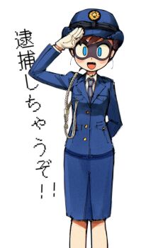 1girl aiguillette batman_(series) blue_eyes blush brown_hair dc_comics dick_grayson domino_mask eye_mask genderswap genderswap_(mtf) gloves highres kojirou_(mesurf1) mask necktie police police_uniform policewoman robin_(batrobin_k) robin_(dc) salute short_hair simple_background skirt white_background white_gloves