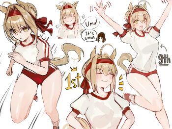 Rule 34 | 2girls, absurdres, ahoge, animal ears, blonde hair, breasts, brown hair, buruma, commentary, english commentary, fate/extra, fate (series), green eyes, hair intakes, highres, horse ears, horse tail, kishinami hakuno (female), large breasts, multiple girls, multiple views, nero claudius (fate), nero claudius (olympian bloomers) (fate), red buruma, shirt, short hair, smile, speech bubble, tail, umamusume, white shirt, yotsutsu428