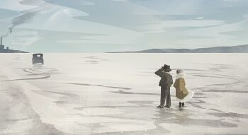 Rule 34 | 2others, antique car, black coat, car, coat, day, factory, from behind, full body, fur-trimmed coat, fur collar, fur trim, hat, motor vehicle, mountainous horizon, multiple others, original, outdoors, scenery, signature, skid mark, smoke, snow, snowing, standing, yellow coat, zandra