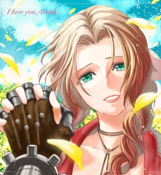 Rule 34 | 1boy, 1girl, aelys77, aerith gainsborough, braid, braided ponytail, brown gloves, brown hair, choker, cloud strife, commentary request, crying, crying with eyes open, english text, falling petals, final fantasy, final fantasy vii, final fantasy vii rebirth, final fantasy vii remake, flower choker, gloves, green eyes, hair ribbon, hetero, holding hands, interlocked fingers, jacket, long hair, looking at viewer, metal gloves, parted bangs, parted lips, petals, pink lips, pink ribbon, red jacket, ribbon, sidelocks, single braid, smile, tears, upper body, wavy hair, yellow petals