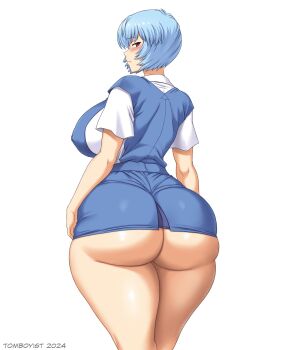 1girl alternate_breast_size_(larger) ass ayanami_rei blue_hair blue_skirt breasts highres microskirt neck_ribbon neon_genesis_evangelion red_eyes red_ribbon ribbon school_uniform shirt short_hair short_sleeves simple_background skirt solo suspender_skirt suspenders thick_thighs thighs tokyo-3_middle_school_uniform tomboyist white_background white_shirt