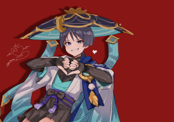 1boy anemo_symbol_(genshin_impact) belt black_belt black_bodysuit black_bow black_bridal_gauntlets black_shorts blue_gem blue_hat blue_kimono blue_sleeves blunt_ends bodysuit bow bridal_gauntlets choppy_bangs commentary_request drop_shadow eyeliner feathers furisode gem genshin_impact gold gradient_sleeves grey_hair grey_pupils grin hakama hakama_shorts hands_up hat heart heart_hands highres japanese_clothes jingasa juban kimono layered_sleeves looking_at_viewer makeup male_focus mandarin_collar morohaori open_clothes open_kimono pleated_shorts pom_pom_(clothes) purple_eyes purple_rope purple_sash red_eyeliner rope sash scaramouche_(genshin_impact) short_sleeves shorts signature smile solo tassel teeth thumbs_down thumbs_down_heart_hands tsurime uneven_eyes wanderer_(genshin_impact) white_background white_kimono white_sleeves yellow_feathers