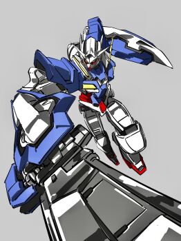 armor asymmetrical_dual_wielding atsynd blue_armor dual_wielding foreshortening full_body gundam gundam_00 gundam_exia highres holding holding_sword holding_weapon mobile_suit no_humans robot shield sword weapon white_armor