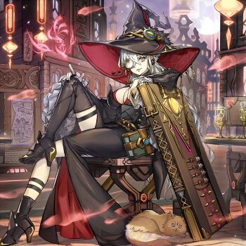 1girl anonymous_(yu-gi-oh!) asymmetrical_legwear black_nails book breasts building cat chair cleavage cup diabellstar_the_black_witch drinking_glass duel_monster eyeliner frilled_sleeves frills front_slit hat high_heels highres jewelry long_hair makeup monocle moon nail_polish night official_art sitting solo spell table thigh_strap thighhighs thighs third-party_edit third-party_source wanted_poster white_eyes white_hair wide_sleeves wine_glass witch witch_hat yu-gi-oh!