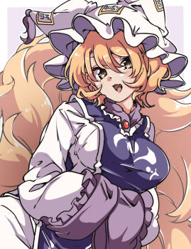 1girl :d blonde_hair blue_tabard blush breasts commentary_request dress fang fox_girl fox_tail frills gokuu_(acoloredpencil) hair_between_eyes hat highres kitsune kyuubi large_breasts looking_at_viewer medium_hair multiple_tails open_mouth own_hands_together puffy_sleeves skin_fang smile solo tabard tail touhou white_dress yakumo_ran yellow_eyes
