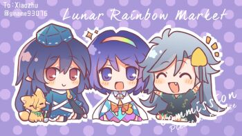 Rule 34 | 3girls, animalization, arm ribbon, black dress, black hair, blue dress, blue hat, blush, cape, chibi, chibi only, closed mouth, coat, commentary, commission, dress, english text, facing viewer, fox, grey hair, hair between eyes, hairband, hat, himemushi momoyo, holding, holding shovel, iizunamaru megumu, kudamaki tsukasa, kudamaki tsukasa (fox), long hair, long sleeves, looking at viewer, multicolored dress, multicolored hairband, multiple girls, open mouth, pointy ears, polka dot, polka dot background, purple background, purple eyes, purple hair, rainbow gradient, rainbow hairband, red eyes, ribbon, short sleeves, shovel, silverrain, sitting, sky print, sleeveless, sleeveless coat, smile, tenkyuu chimata, tokin hat, touhou, two-sided cape, two-sided fabric, very long hair, white cape