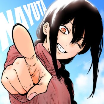 1girl black_hair blue_sky braid chainsaw_man character_name commentary_request grin head_tilt highres isuke_(isuke_now) mole mole_under_eye nayuta_(chainsaw_man) one_eye_closed orange_eyes pointing pointing_at_viewer sidelocks single_braid sky smile solo sweater turtleneck turtleneck_sweater upper_body