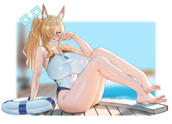 1girl animal_ears ass bare_shoulders barefoot blonde_hair blue_archive blue_eyes blue_halo blush breasts collarbone commentary_request curvy dog_ears feet fluff hair_over_one_eye halo highres huge_breasts innertube kanna_(blue_archive) kanna_(swimsuit)_(blue_archive) long_hair looking_at_viewer notched_ear one-piece_swimsuit open_mouth ponytail rectangular_halo shangdi_de_fa_zhang sharp_teeth sitting soles solo swim_ring swimsuit teeth thighs toes white_one-piece_swimsuit