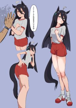 1boy 2girls ahoge angry animal_ears black_hair blue_background blush breasts grey_hair hair_between_eyes hand_on_own_chest hand_on_own_face hand_on_own_hip hand_up head_steam high_heels highres horse_ears horse_girl horse_tail long_bangs long_hair long_hair_between_eyes manhattan_cafe_(umamusume) multicolored_hair multiple_girls parted_lips red_shoes shirt shoes short_sleeves simple_background small_breasts smile socks speech_bubble sunday_silence_(racehorse) tail thighs trainer_(umamusume) translation_request trembling umamusume v variant_set very_long_hair veth_free watch white_shirt white_socks yellow_eyes