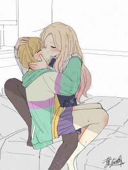 2girls black_pantyhose blonde_hair blue_skirt closed_eyes commentary_request fujita_kotone gakuen_idolmaster grey_jacket hand_on_another&#039;s_head haniwa_hayate highres idolmaster jacket juo_sena kiss knee_blush long_hair multiple_girls no_shoes on_bed pantyhose pink_skirt pink_streaks skirt socks sweat white_socks yuri
