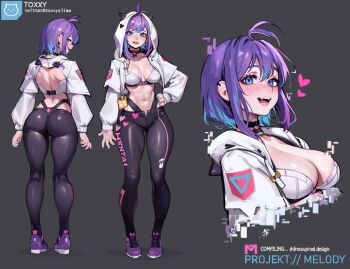1girl ahoge artist_name ass back blue_eyes blush breasts character_name reference_sheet choker cleavage commentary english_commentary gluteal_fold hand_on_own_hip heart highres large_breasts looking_at_viewer medium_breasts melody_(projektmelody) mole mole_on_breast multiple_views navel open_mouth purple_hair short_hair teeth tongue toxxy twitter_username virtual_youtuber vshojo watermark