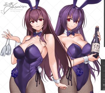 Rule 34 | 2girls, art program in frame, asamitsu (n morninglight), bottle, bow, bowtie, breasts, cleavage, collarbone, commentary request, cup, detached collar, fate/grand order, fate (series), fishnet pantyhose, fishnets, holding, holding bottle, holding cup, leotard, long hair, looking at viewer, multiple girls, pantyhose, playboy bunny, purple bow, purple bowtie, purple hair, purple leotard, red eyes, scathach (fate), scathach skadi (fate), side-tie leotard, signature, smile, strapless, strapless leotard, twitter username, white wrist cuffs, wrist cuffs