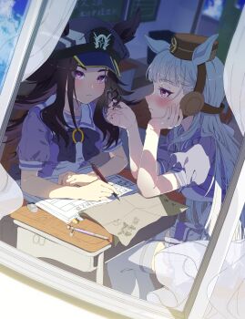 2girls absurdres animal_ears black_hair blunt_bangs blush bow bowtie breasts brown_hat chair classroom closed_mouth commentary desk ears_through_headwear eraser fenomeno_(umamusume) flipped_hair gold_ship_(umamusume) grey_hair hat head_rest heart highres holding holding_pen horse_ears horse_girl komeko97 long_hair multicolored_hair multiple_girls notebook paper peaked_cap pen pillbox_hat puffy_short_sleeves puffy_sleeves purple_bow purple_bowtie purple_eyes purple_hair purple_shirt sailor_collar sailor_shirt school_desk school_uniform shirt short_sleeves sitting skirt thighhighs tracen_school_uniform umamusume untranslatable_commentary white_sailor_collar white_skirt white_thighhighs window writing