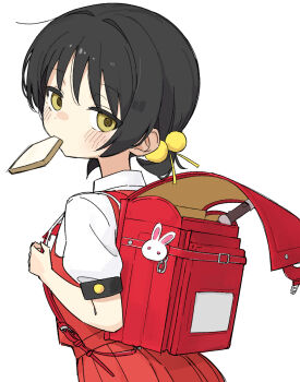 1girl backpack bag black_hair blush bread bread_slice closed_mouth commentary dress flute food food_in_mouth fusazakura hair_bobbles hair_ornament highres instrument kaai_yuki looking_at_viewer mouth_hold pinafore_dress randoseru recorder red_dress shirt short_hair short_sleeves simple_background sleeveless sleeveless_dress solo toast toast_in_mouth upper_body vocaloid white_background white_shirt yellow_eyes