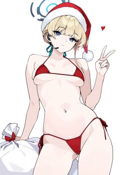 1girl bikini blonde_hair blue_archive blue_eyes blue_ribbon braid breasts breasts_apart cameltoe closed_mouth commentary_request contrapposto cowboy_shot fur-trimmed_headwear fur_trim gluteal_fold hair_ribbon halo hat headset heart highres kotomuke_fuurin looking_at_viewer medium_breasts micro_bikini navel red_bikini red_ribbon ribbon sack santa_hat short_hair side-tie_bikini_bottom simple_background skindentation solo swimsuit toki_(blue_archive) underboob v white_background