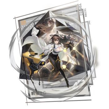 1girl animal_ear_fluff animal_ears artist_request breasts brown_hair cleavage cleavage_cutout clothing_cutout full_body game_cg girls&#039;_frontline girls&#039;_frontline_neural_cloud highres lab_coat large_breasts looking_at_viewer non-humanoid_robot official_art robot robot_animal robot_dog solo third-party_source transparent_background turing_(neural_cloud)