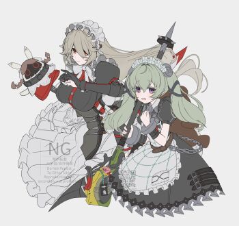 2girls absurdres alexandrina_sebastiane anastella_(zenless_zone_zero) animal_bag apron bangboo_(zenless_zone_zero) bear_bag black_dress breasts chain closed_mouth commentary_request corin_wickes dress gloves green_hair grey_background grey_hair hair_between_eyes highres holding holding_weapon large_breasts long_hair maid maid_apron maid_headdress merry-san metal_wrist_cuffs multiple_girls open_mouth partially_fingerless_gloves purple_eyes red_eyes screw_hair_ornament simple_background smile twintails weapon white_apron zenless_zone_zero